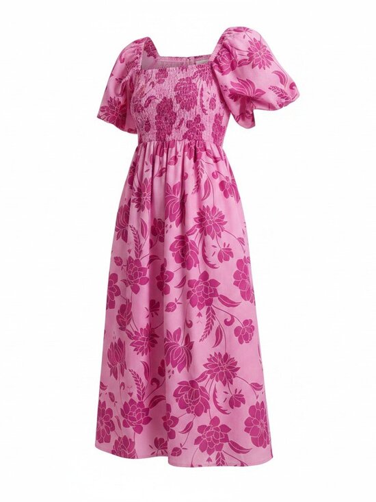 Sugarlips Dresses & Skirts - Pink Floral Smocked Midi Dress Puff Sleeve Square Neck NWT Sz XS